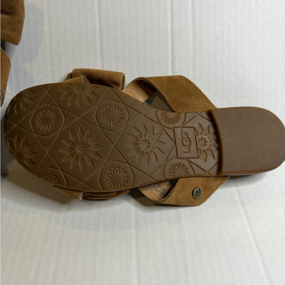UGG Fonda Suede Slide Sandals Bow Thick Straps Chestnut 7.5 Brown - Picture 2 of 10